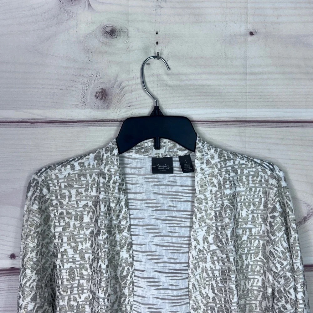 Chicos Travelers Jacket Womens 1 M Gold Leopard Print 3/4 Sleeve Open Front Knit